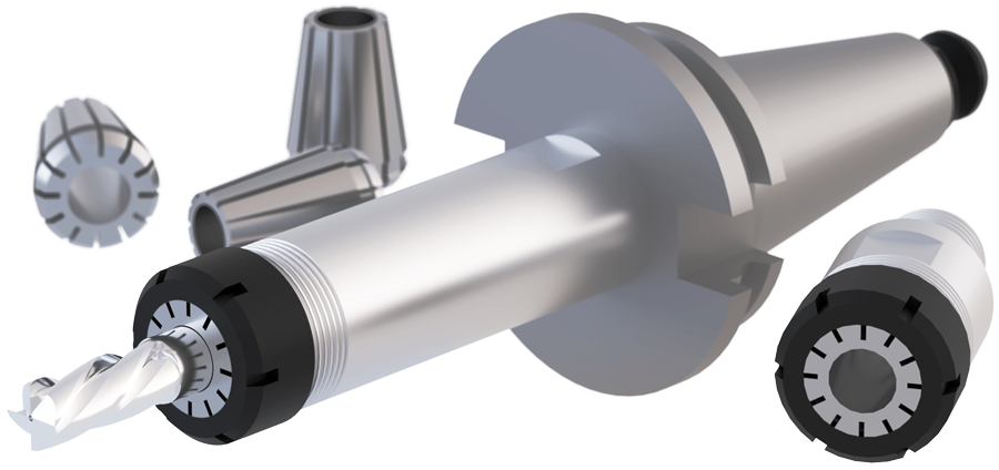 4 Inch ER25 Collet holder with bit installed with collets and 1.5 Inch ER25 Collet Holder around.